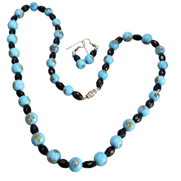 Blue & Black Glass Beads Hand-Painted Embossed Design Jewelry Set 24" - Picture 1 of 6